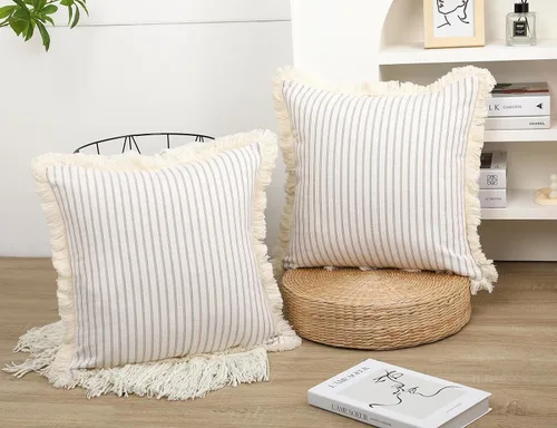 Vista 2 de NUYECY Juego de 2 fundas de almohada bohemias de color caqui de 18 x 18 pulgadas, almohada neutra de algodón con flecos de borlas, funda de cojín