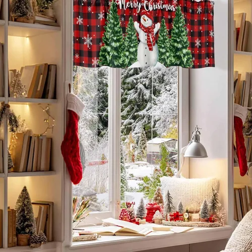 Vista 62 de Cenefa de cortina con lazo rojo de Navidad para ventanas, sala de estar, cocina, baño, granja, bolas de Navidad de acuarela con diseño de bayas