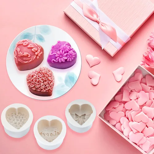 Vista 5 de 4 moldes de silicona para fondant para el día de San Valentín, en forma de corazón 3D con forma de corazón de flor de rosa de amor para Acción