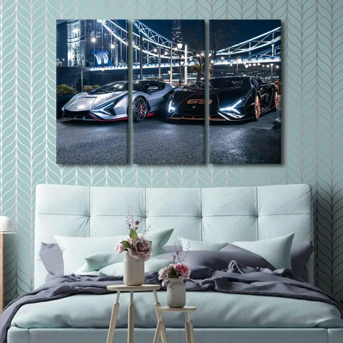 Vista 39 de Arte de pared de auto deportivo rojo para sala de estar, arte de pared de lienzo de súper auto genial, imágenes pósters, 3 piezas, arte moderno