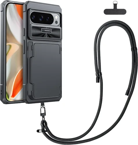 Vista 16 de CENMASO - Funda para Google Pixel 9a con tarjetero (4 tarjetas), funda deslizante para cámara y función atril, bloqueo RFID, protección militar