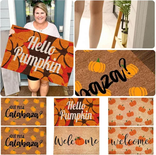 Vista 4 de Decoración de Halloween para puerta al aire libre, 23.6 x 15.7 pulgadas, lavable, impermeable, faroles de calabaza, tapetes para puerta delantera