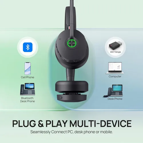 Vista 6 de Yealink WH68 - Auriculares inalámbricos híbridos DECT y Bluetooth ANC con micrófono Charging Stand,6 AI Mics,Noise Cancelling Headphones,32H