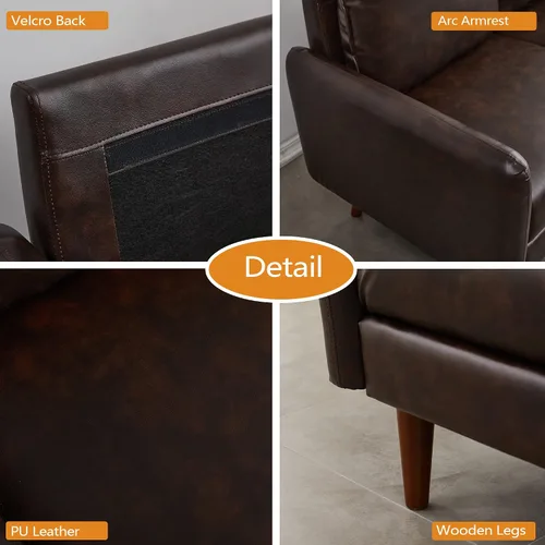 Vista 5 de INSTORY Sofá de dos plazas de cuero moderno Sofá cómodo con patas de madera para sala de estar, oficina - marrón