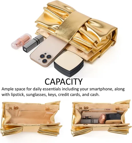 Vista 5 de Elegante bolso de mano con lazo para mujer, suave y plisado, bolsa de noche de poliuretano con cadena desmontable para fiesta de graduación, boda