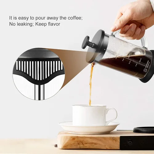 Vista 5 de YMMIND Cafetera de prensa francesa de 12 onzas, cafetera de té espresso con sistema de 4 filtros, émbolo de acero inoxidable y vidrio de Negro