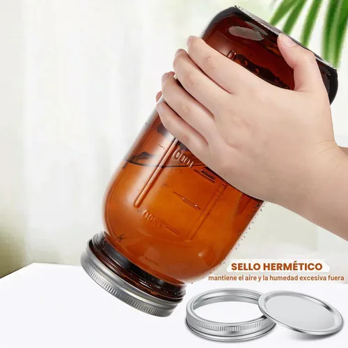 Vista 3 de Norme Juego de 3 tarros de vidrio de 64 onzas, tarros de conservas de vidrio en relieve, recipiente de fermentación de medio galón con tapas Ámbar