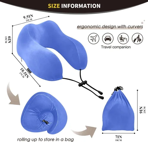 Vista 2 de Almohada de viaje azul real para cama de viaje de coche, almohada de espuma viscoelástica en forma de U para el cuello, color azul rey
