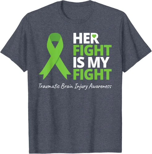 Vista 30 de Camiseta con cinta verde de la conciencia de la TBI, con texto en inglés "Her Fight Is My Fight" Jaspeado Oscuro