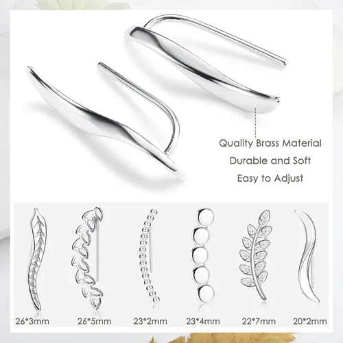 Vista 2 de FIBO STEEL 6 pares de aretes de oruga para mujer, aretes de pluma de hoja lineal de onda lineal
