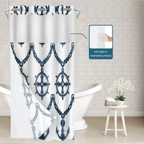 Vista 4 de Batmerry Maritime Nautical Hookless Shower Curtain with Snap in Liner Set, Anchors Ship Wheel Bath Curtain Magnetic Hem Quick-Drying Waterproof