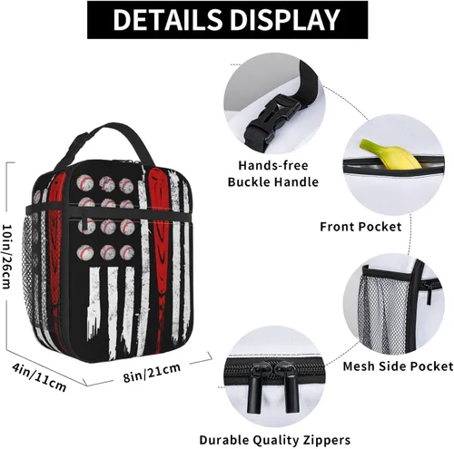 Vista 6 de Lonchera de béisbol con bandera estadounidense, bolsa de almuerzo deportiva, reutilizable, bolsa de mano para mujeres y hombres, picnic y viajes