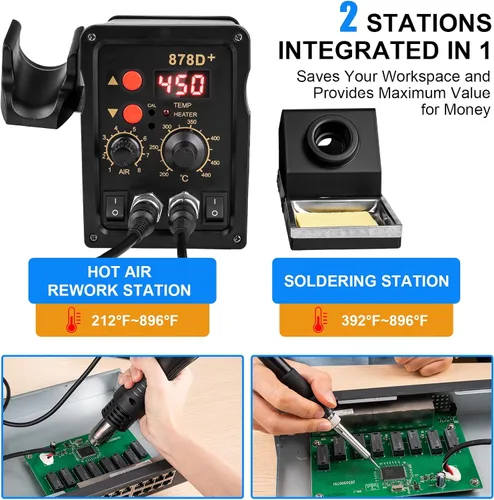Vista 2 de Beaiguna Kit de Estación de Hierro de Soldadura de Retrabajo de Aire Caliente 2 en 1, Kit de Pistola de Soldadura de Placa de Circuito de Precisión