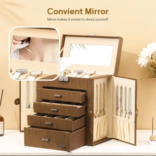 Vista 7 de Homde Caja de joyería enorme de cuero sintético, organizador de reloj con espejo, collar, anillo y aretes, caja de regalo con cerradura (marrón)