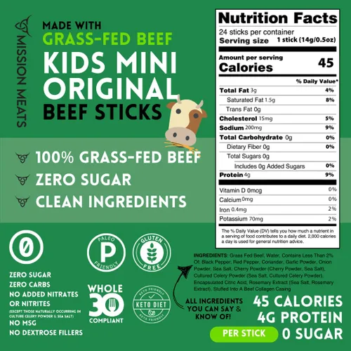 Vista 2 de Mission Meats - Palitos de carne para niños, 100% alimentados con pasto y criados en pastos, aperitivos saludables para niños, proteínas sin azúcar