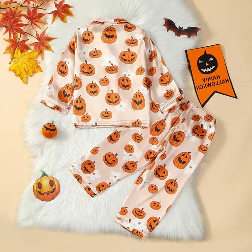 Vista 7 de Pijamas de Halloween para niños y niñas pequeñas, pijamas de seda de calabaza, manga larga, con botones, pantalones y 2 piezas