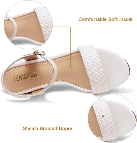 Vista 3 de TEMOFON Sandalias de cuñas para mujer, sandalias de tacón bajo trenzadas para verano, informales, puntera abierta, correa de tobillo, zapatos