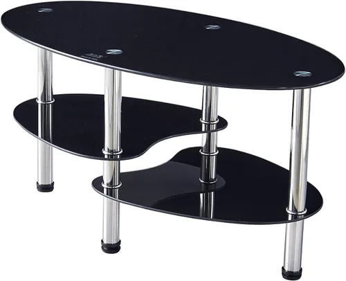Vista 5 de Mesa de té de vidrio ovalada para oficina, mesa de centro moderna de 3 niveles, mesa auxiliar para sala de estar (negro)