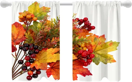 Vista 101 de Shrahala Orange Autumn Autumn Blackout Curtain Tiers, Fall Kitchen Valance Light Blocking Tier Drapes with Rod Pocket, 2 Pack 26 X 24 in