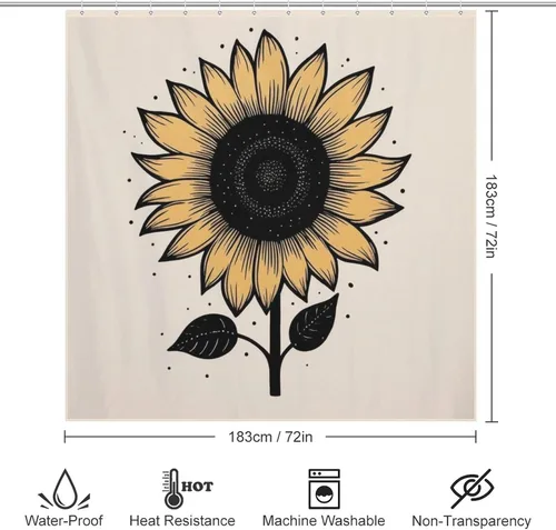 Vista 6 de YLATY2371 - Cortina de ducha con diseño de girasoles para baño, pétalos florales amarillos, hojas negras, juego de cortina de ducha bohemia, tela