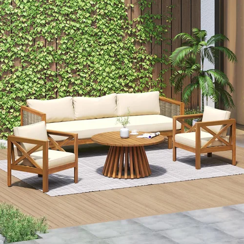 Vista 13 de Merax - Mesa de café redonda de madera de acacia para patio al aire libre, para jardín, balcón, acabado gris