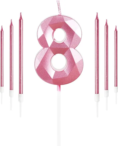 Vista 122 de Vela rosa de cumpleaños número 1 con 6 velas largas, decoraciones de decoración de pastel para fiesta de niña de 1 año, suministros de celebración