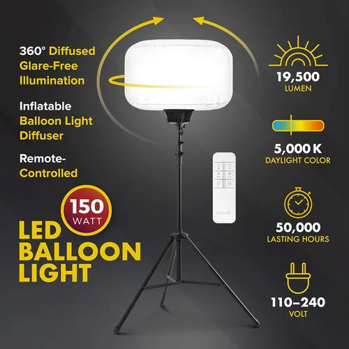 Vista 2 de SeeDevil Kit de luces LED de globo de 150 W, 150 vatios, 120 voltios, 19,500 lúmenes, 5000 K, trípode de 6.5 pies, luz de área sin deslumbramiento