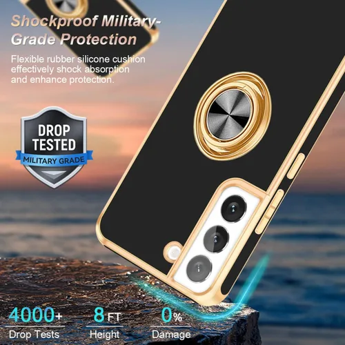 Vista 7 de Fingic Compatible con Samsung Galaxy S22 Funda con Soporte de Anillo, [Soporte de Anillo Giratorio 360° Magnético con Kickstand][Borde Dorado