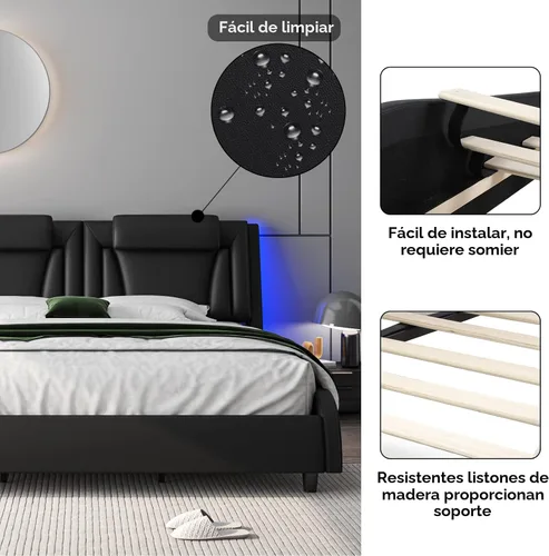 Vista 8 de Keyluv Armazón de cama moderno tapizado con plataforma con cabecera LED ajustable y diseño de curva ondulada y soporte de listones de madera sólida