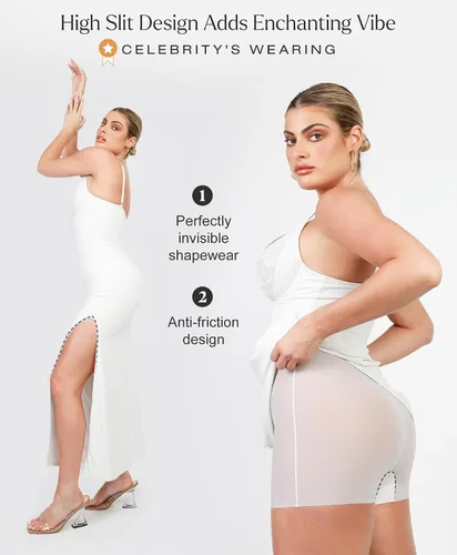 Vista 3 de Popilush Maxi vestidos para mujer, cuello en V profundo, faja moldeadora de encaje de satén con abertura alta, vestido de cóctel, fiesta para salir