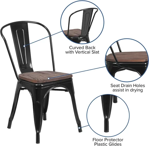 Vista 4 de Flash Furniture Perry - Silla apilable de metal con asiento de madera, 1 paquete, color negro
