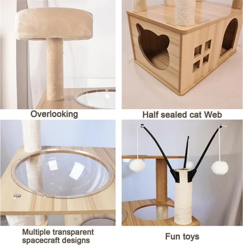 Vista 5 de Árbol de madera para gatos de 66.8 pulgadas con condominio para gatos, escaleras para gatos, 3 cuencos, juguetes, postes rascadores de sisal