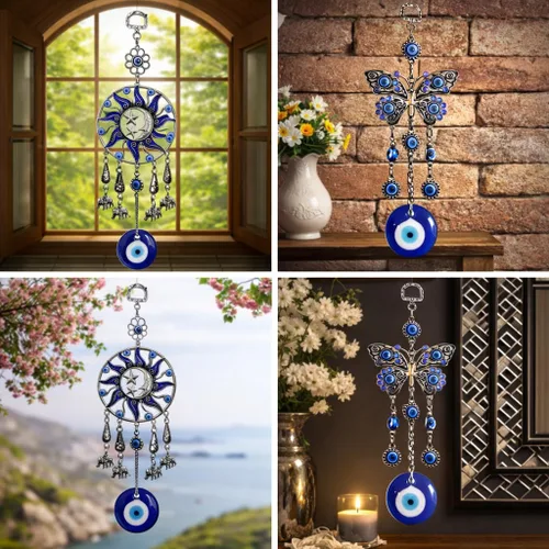 Vista 2 de Betterdecor Adorno colgante de ojo turco azul malvado, mariposa y luna de sol