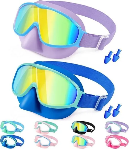 Vista 9 de Vvinca Kids Swim Goggles with Nose Cover Comfort Fabric Strap, Wide View Diving Mask Anti-Fog/UV Swimming Goggles for 3-14