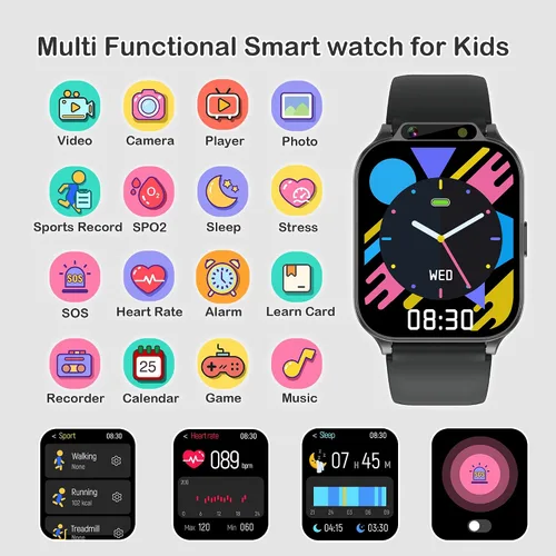 Vista 2 de Reloj inteligente para niños de 1.85" con rastreador de fitness y sueño, reloj inteligente para niños resistente al agua IP68, regalos para niños