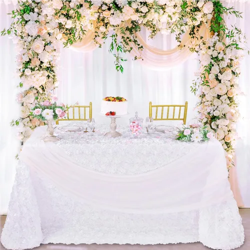 Vista 9 de QueenDream Mantel de roseta dorada de 90 x 132 pulgadas, mantel floral rústico para bodas, fiestas de cumpleaños, eventos y decoración