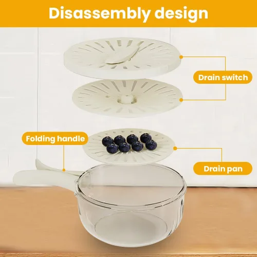 Vista 4 de Cuenco multifuncional para lavar frutas y verduras, cuenco para lavar frutas con colador, recipiente con tapa, escurridor de frutas con asa