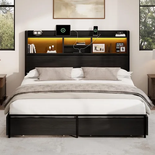 Vista 9 de BRELTAM Base de cama de almacenamiento tamaño Queen con 6 cajones, estación de carga USB, sin ruido, no requiere somier, cama de plataforma con Negro