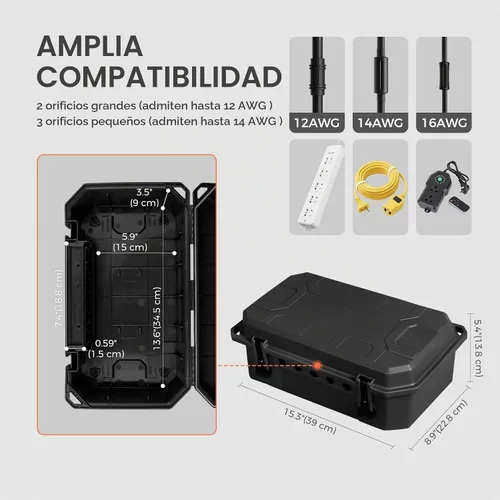 Vista 3 de WELKIN Caja Eléctrica Resistente para Exteriores (15.3 * 8.9 * 5.4 pulgadas), Cubierta de Cable de Extensión Impermeable Resistente a la Intemperie