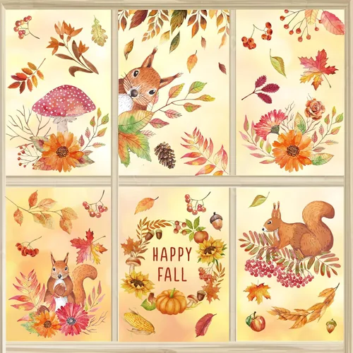 Vista 4 de AnyDesign 6 hojas de calcomanías de otoño para ventana, hojas de otoño, ardilla, calcomanías de ventana de doble cara extraíbles para ventana