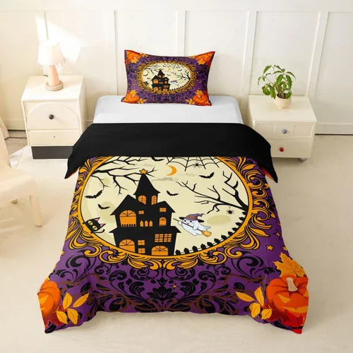 Vista 4 de Erosebridal Halloween Castle Pumpkin Duvet Cover Set Spooky Floral Cartoon Twin Bedding Sets for Girls Kids Boys Vintage Spooky Comforter Cover