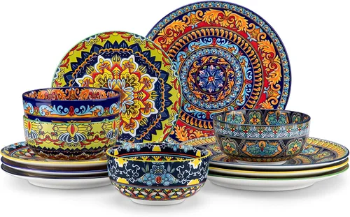 Vista 11 de vancasso 24-Piece Dinnerware Sets,Plates & Bowls Sets Service for 6, Bohemian Porcelain Dishes Set for 6, Kitchen Dinner Set,Microwave & Dishwasher