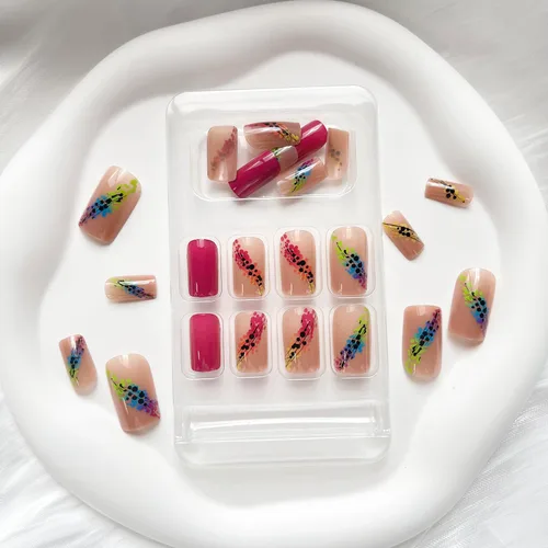 Vista 2 de 24 piezas de uñas postizas medianas cuadradas de ataúd, uñas postizas de cobertura completa, uñas postizas brillantes con diseños, uñas acrílicas