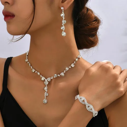 Vista 2 de HUASAI Juego de joyas de boda de plata para novias con circonita cúbica brillante, juego de joyas de graduación, disfraces, joyería formal, aretes