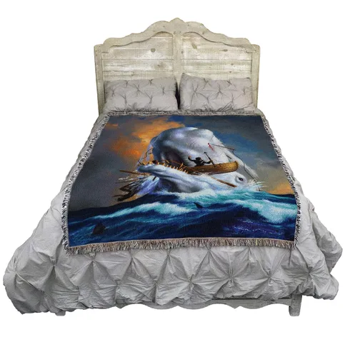 Vista 2 de Pure Country Weavers JL Moby Dick Cobija por Jerry LoFaro - Tapiz clásico de regalo de ballena oceánica tejida de algodón, fabricada en los Estados