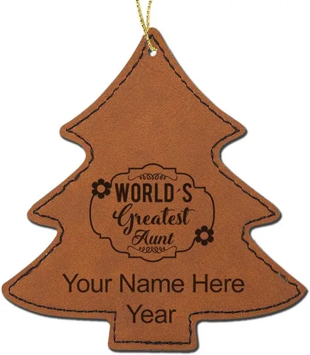 Vista 7 de LaserGram Adorno de Navidad personalizado, la tía más grande del mundo, piel sintética, idea de regalo grabada con láser personalizado