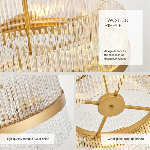 Vista 5 de 23.6" Lámparas de araña doradas modernas, candelabro de vidrio redondo de 2 niveles para comedor, 12 luces, lámparas colgantes para vestíbulo