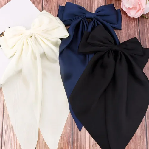 Vista 7 de Velscrun Lazos para el cabello para mujeres y niñas, 3 unidades, lazo blanco, lazo negro, azul marino, lazos grandes para el cabello con clip, lazos