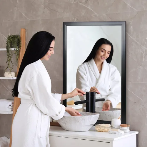 Vista 3 de ZenStyle Espejo de baño con marco de metal negro, espejo rectangular de 24 x 36 pulgadas con esquina de pico para entrada, sala de estar, baño