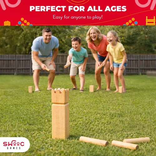 Vista 6 de SWOOC Games - Juego de Kubb Yard - Juego de ajedrez vikingo de madera dura premium con caja de madera - para adultos y niños - Juego de Kubb